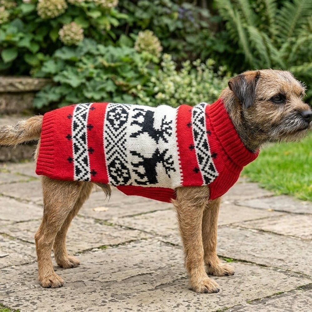 Chilly Dog Red Reindeer Wool Dog Sweater Hand Knit‎ Fair Isle Pet Apparel